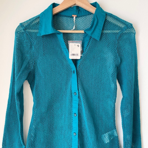 NEW Free People Siggi Button Down Shirt In Crystal Teal Blue - Picture 7 of 14